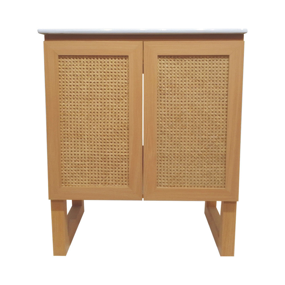 30-inch freestanding bathroom vanity in natural oak with woven front doors and sink top.