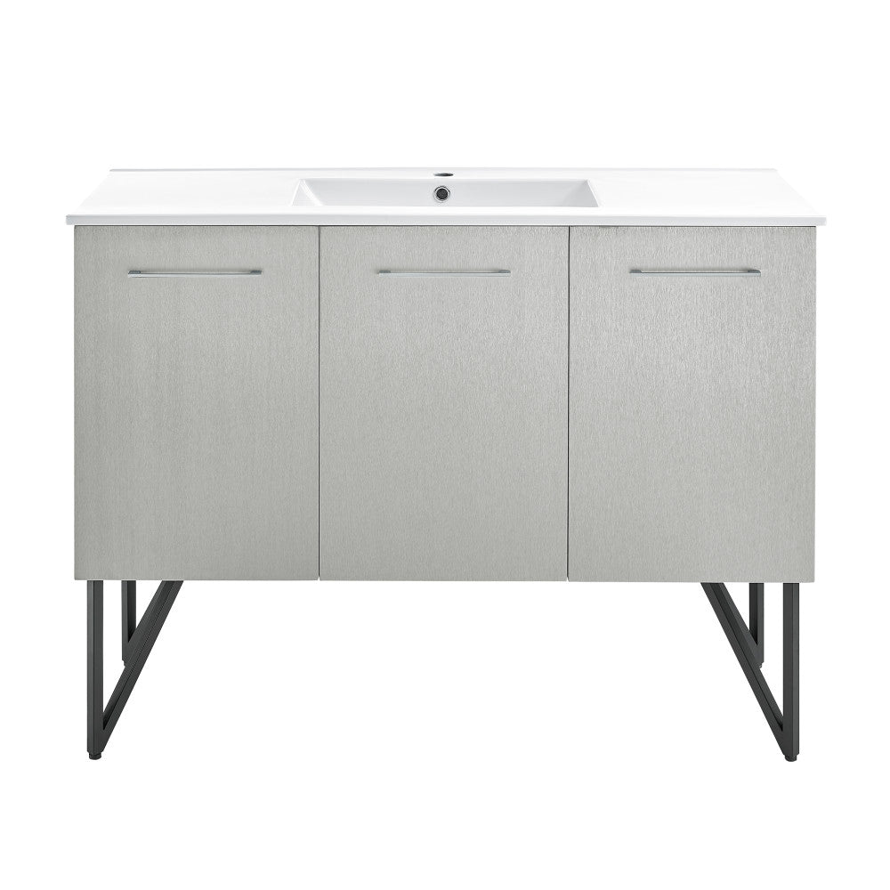 48-inch freestanding bathroom vanity in gray with single sink and soft-close doors.