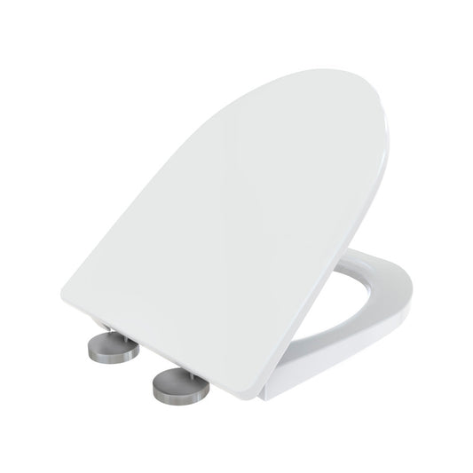 Quick release elongated toilet seat in white, soft-close hinges.