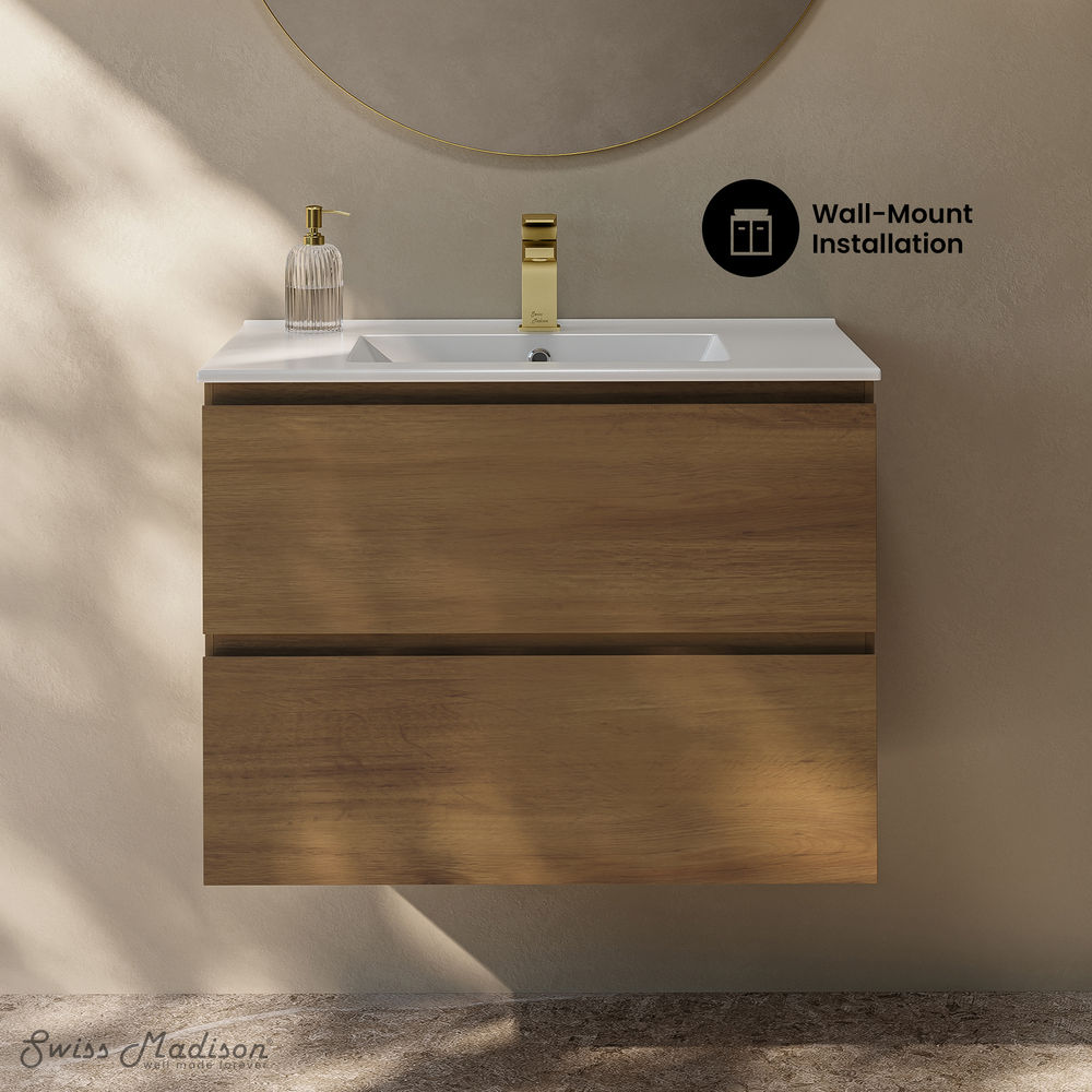 Liberte 30" Wall-Mounted Bathroom Vanity in Brown Oak with Sink Top