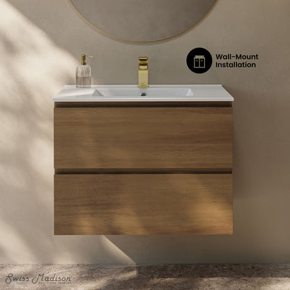 Liberte 30" Wall-Mounted Bathroom Vanity in Brown Oak with Sink Top
