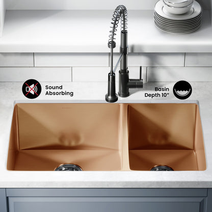 Rivage 33 x 20 Stainless Steel, Dual Basin, Undermount Kitchen Sink in Rose Gold