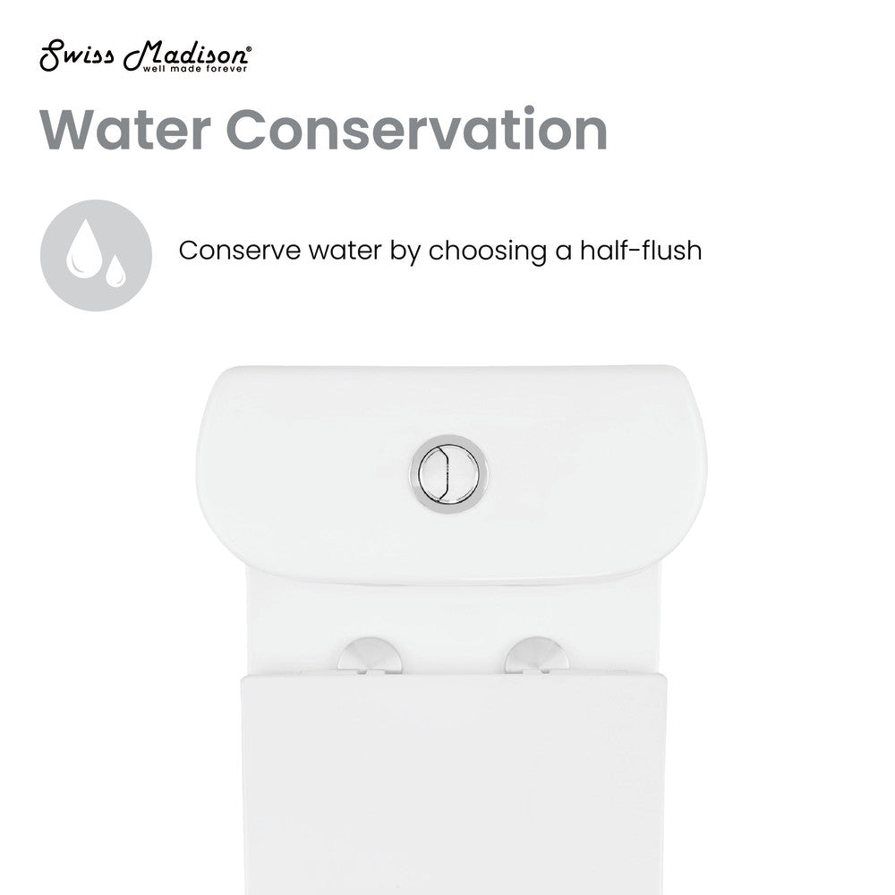 Elongated one-piece toilet with dual flush button, white ceramic, 10-inch rough-in design.