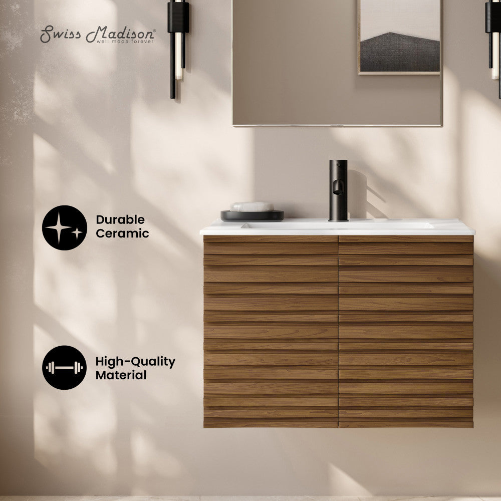 Cascade 30" Wall-Mounted Bathroom Vanity in Brown Oak with Sink Top