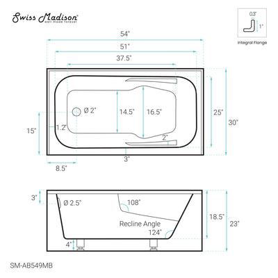 Voltaire 54" x 30" Left-Hand Drain Alcove Bathtub with Apron in Matte Black