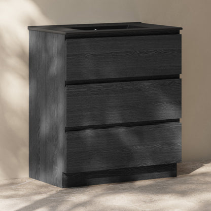 Liberte 30" Freestanding Bathroom Vanity in Black Oak with Black 3-Hole Widespread Sink Top