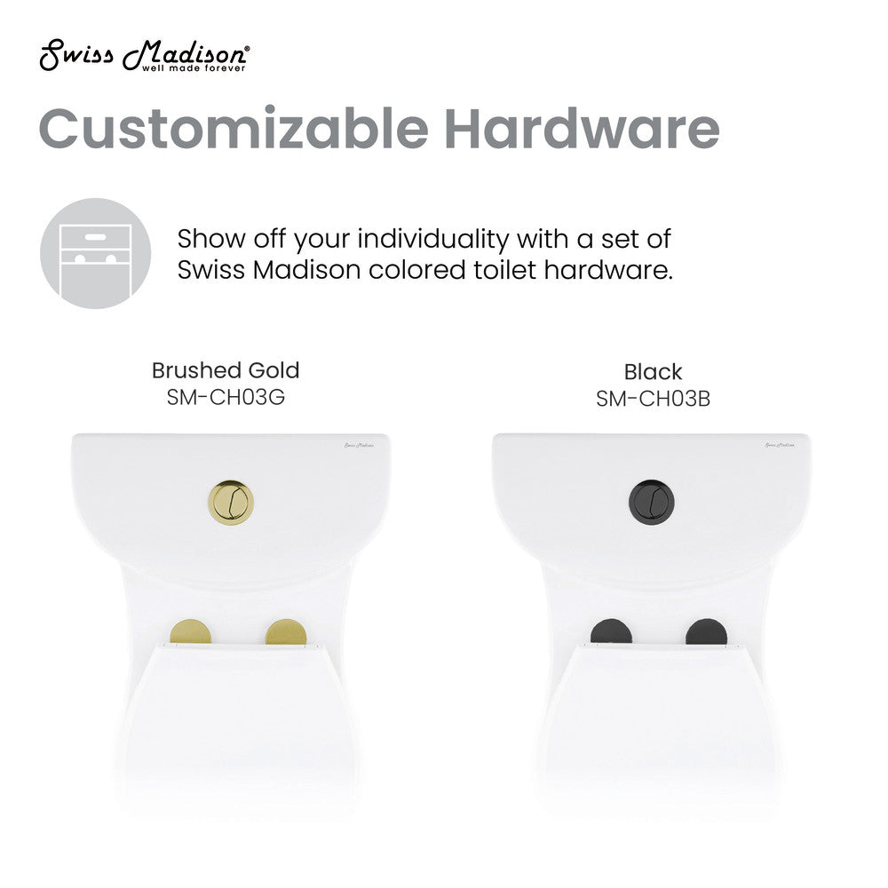 Elongated one-piece toilet with dual flush and black customizable hardware options.