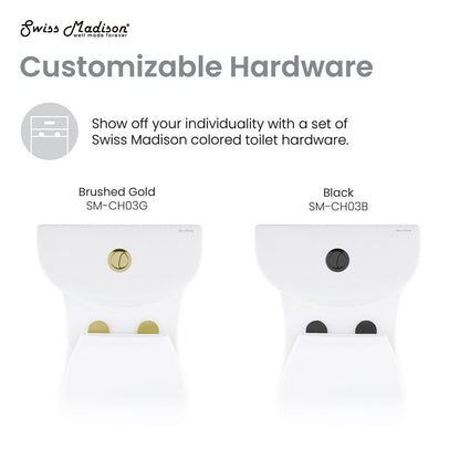 Elongated one-piece toilet with dual flush and black customizable hardware options.