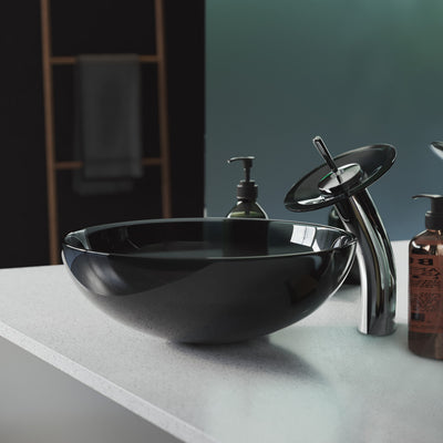 Cascade 16.5 Color Glass Vessel Sink with Faucet, Black