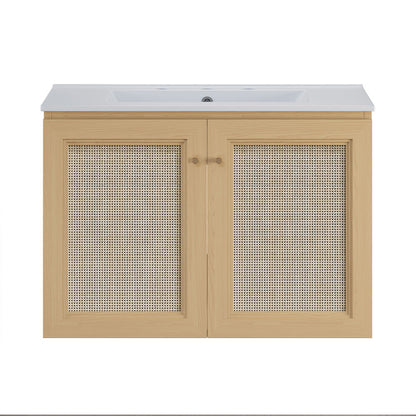 Classe 30" Wall-Mounted Bathroom Vanity in Natural Oak with Widespread Faucet Holes Vanity Top