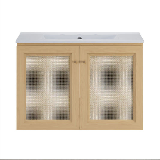 Classe 30" Wall-Mounted Bathroom Vanity in Natural Oak with Widespread Faucet Holes Vanity Top