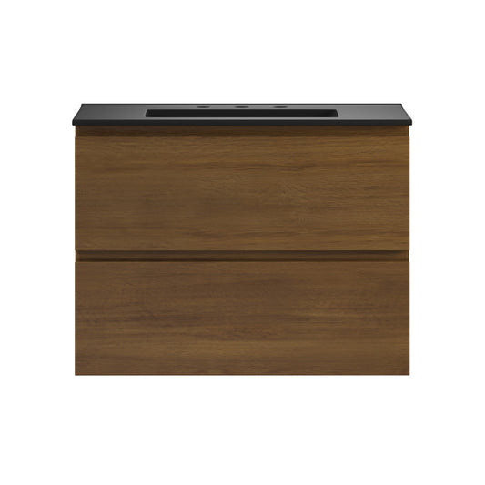 Liberte 30" Wall-Mounted Bathroom Vanity in Brown Oak with Black 3-Hole Widespread Sink Top