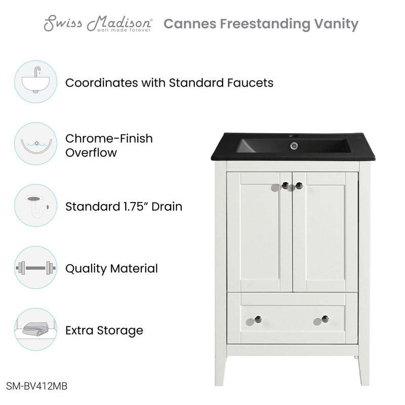 Cannes 24 in. White Bathroom Vanity With Black Ceramic Sink Top