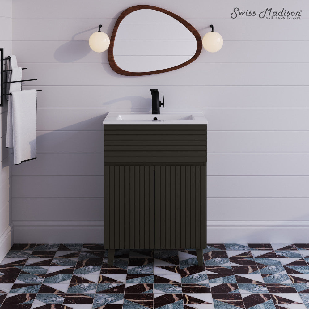 24-inch freestanding bathroom vanity in cedar gray with single sink and fluted door design.