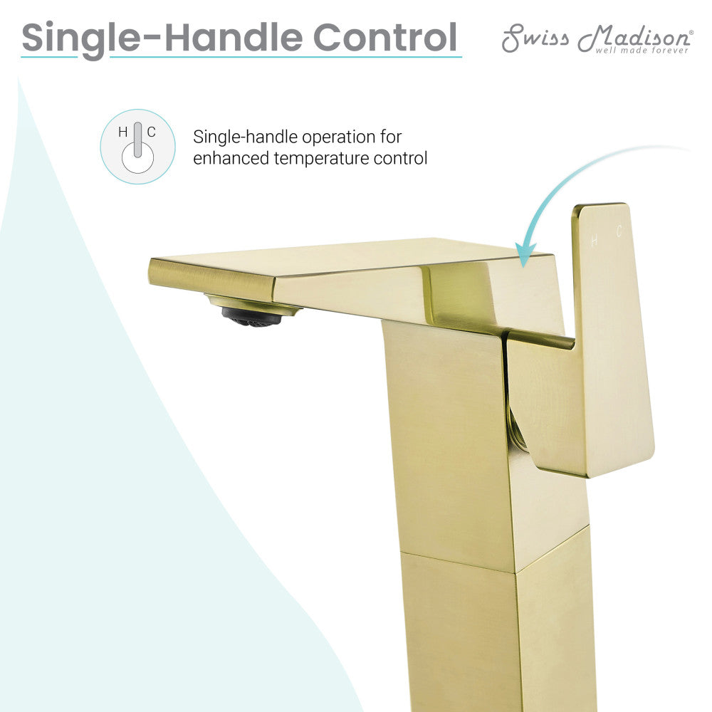 Single-handle high arc bathroom faucet in brushed gold with sleek modern design.