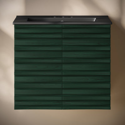 Cascade 24" Wall-Mounted Bathroom Vanity in Green Oak with Black 3-Hole Centerset Sink Top