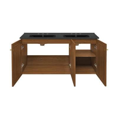 Classe 48" Wall-Mounted Bathroom Vanity in Brown Oak with Black 3-Hole Widespread Double Basin Sink Top