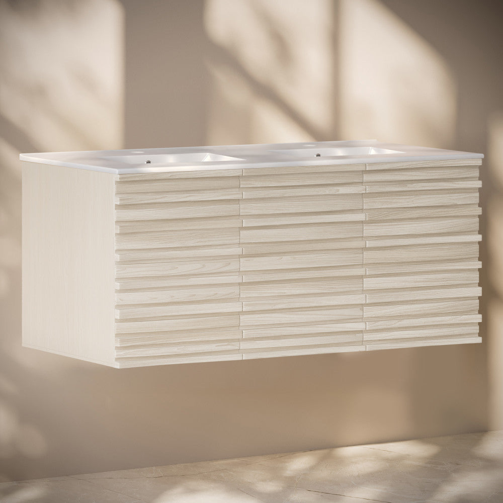 Cascade 48" Wall-Mounted Bathroom Vanity in White Oak with Double Basin Sink Top