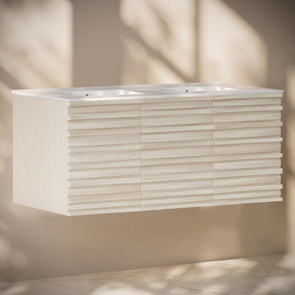 Cascade 48" Wall-Mounted Bathroom Vanity in White Oak with Double Basin Sink Top