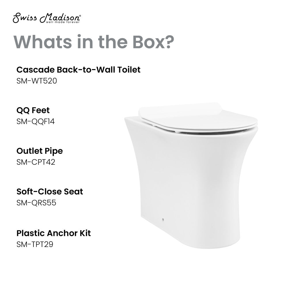 Elongated back-to-wall toilet bowl with soft-close seat in white ceramic.