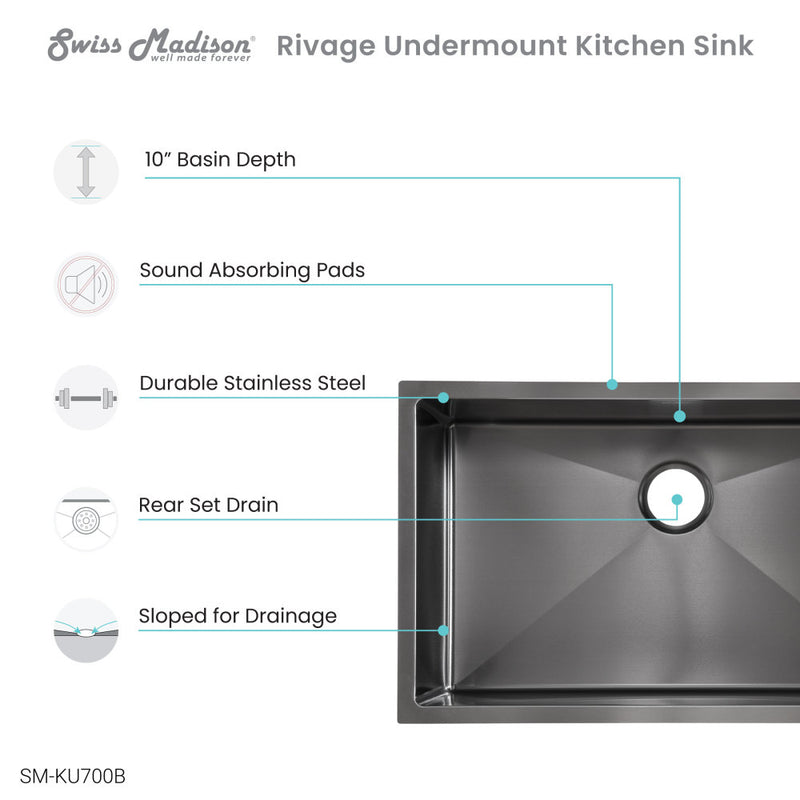 Rivage 30 x 18 Stainless Steel, Single Basin, Undermount Kitchen Sink,Black