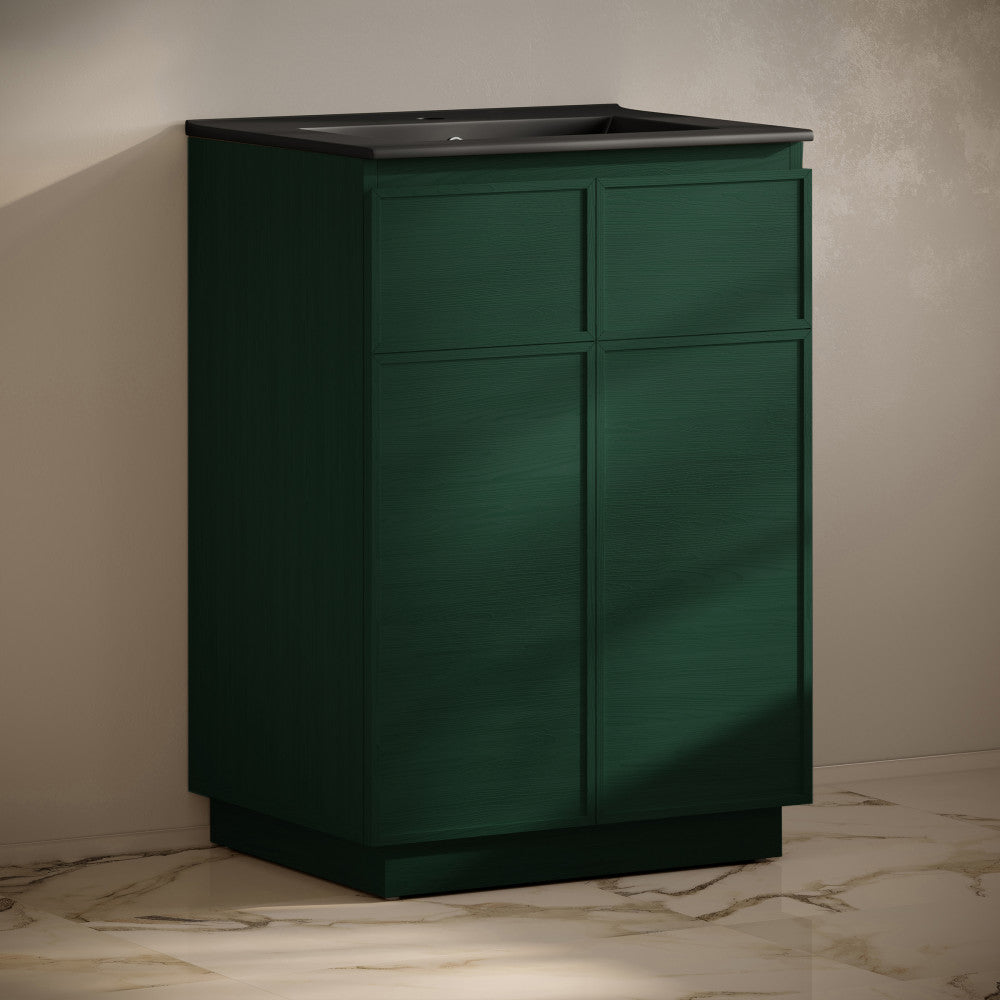 St. Tropez 24" Freestanding Bathroom Vanity in Green Oak with Black Sink Top