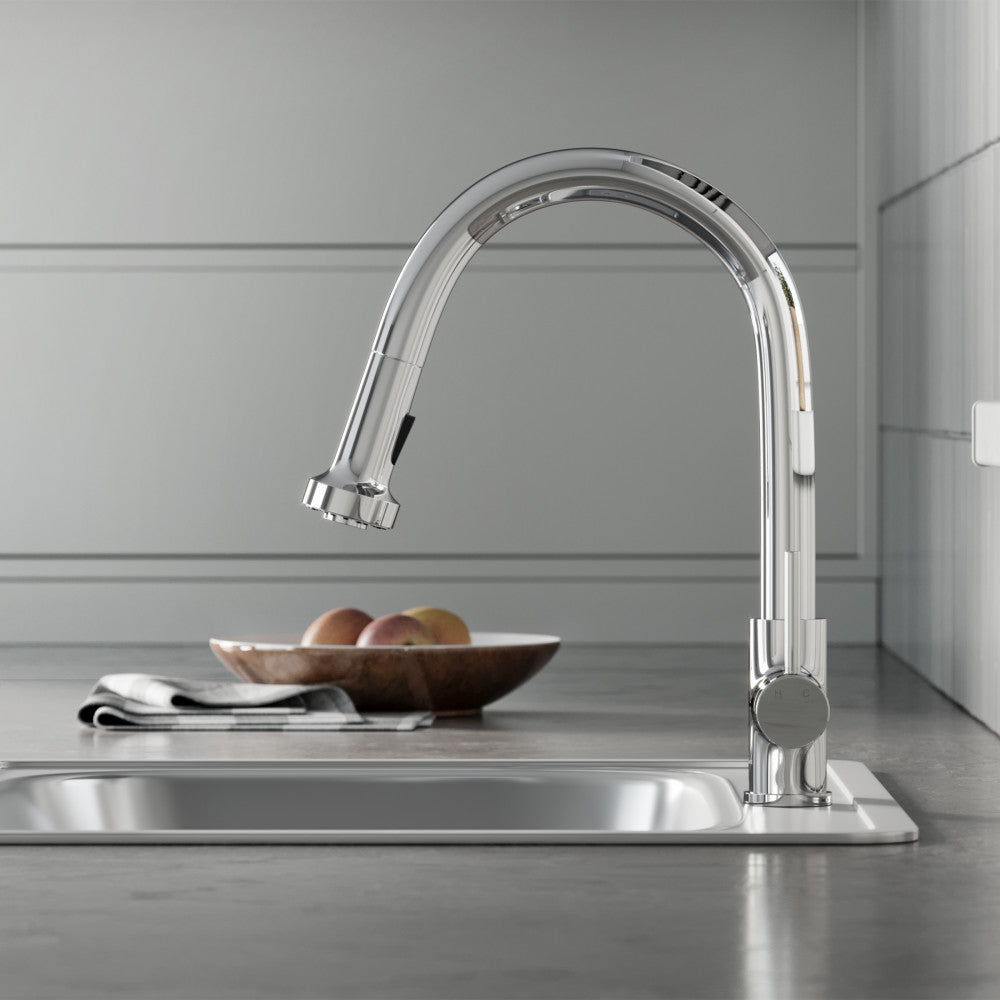 Single handle pull-down kitchen faucet in chrome with high arc spout and side lever handle.