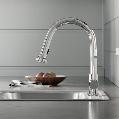 Single handle pull-down kitchen faucet in chrome with high arc spout and side lever handle.