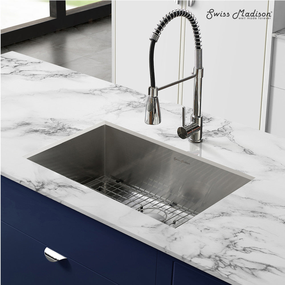 27 x 19 stainless steel undermount kitchen sink, single basin, modern rectangular design with bottom rack.