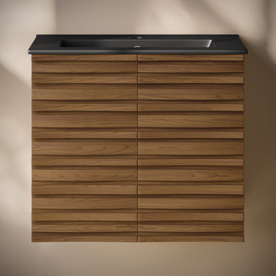 Cascade 24" Wall-Mounted Bathroom Vanity in Brown Oak with Black Sink Top