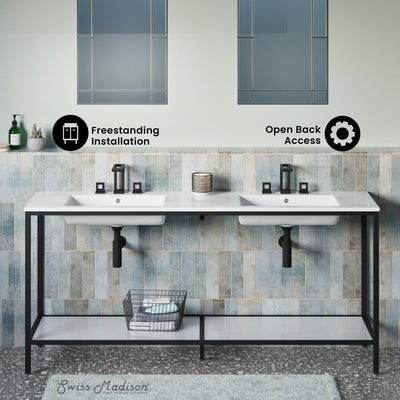 Pierre 72 Double, Freestanding, Open Shelf, Matte Black Metal Frame Bathroom Vanity