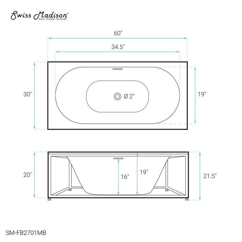 Pierre 60" Soaking Freestanding Bathtub in Glossy White, Black Frame Included