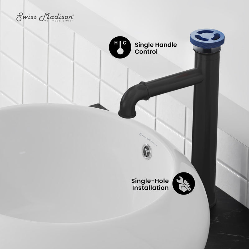 Avallon Single Hole, Single-Handle Wheel, High Arc Bathroom Faucet in Matte Black with Blue Handles
