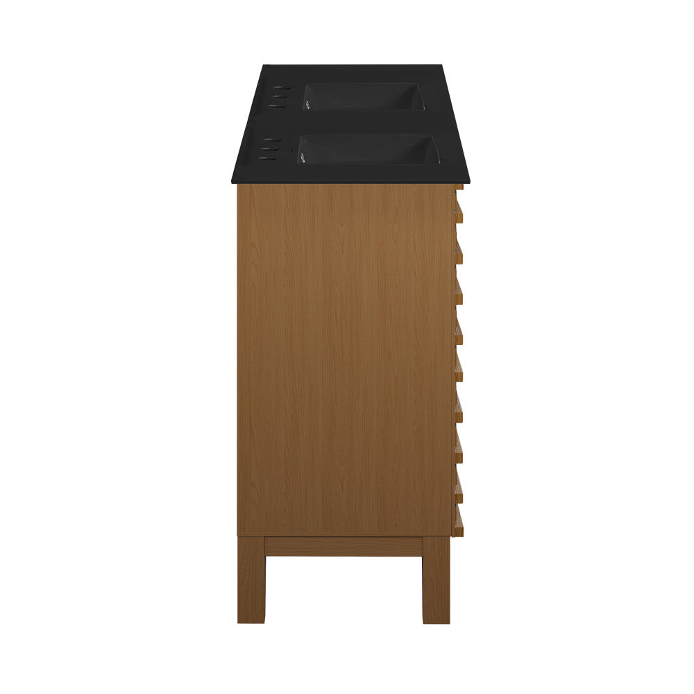 Cascade 48 in. Brown Oak, Double Basin Bathroom Vanity With Black, 3-Hole Centerset Ceramic Sink Top