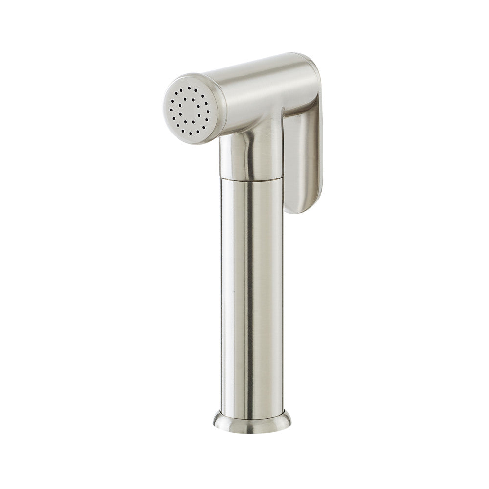 Side sprayer in brushed nickel with cylindrical handle and perforated spray head.
