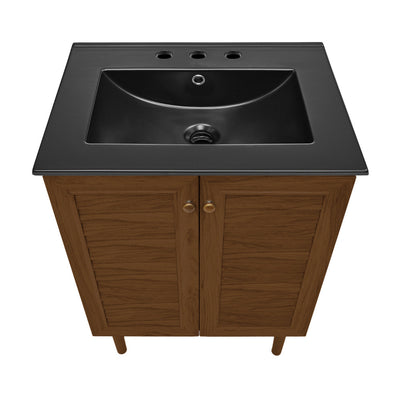 Bron 24" Freestanding Bathroom Vanity in Brown Oak with Black 3-Hole Widespread Sink Top