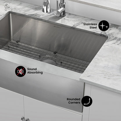 Tourner 30 x 21 Stainless Steel, Single Basin, Farmhouse Kitchen Sink with Apron