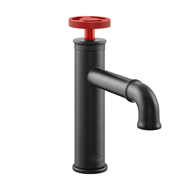 Avallon Single Hole, Single-Handle, Bathroom Faucet in Matte Black with Red Handle
