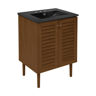 Bron 24" Freestanding Bathroom Vanity in Brown Oak with Black 3-Hole Centerset Sink Top