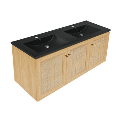 Classe 48" Wall-Mounted Bathroom Vanity in Natural Oak with Black Double Basin Sink Top