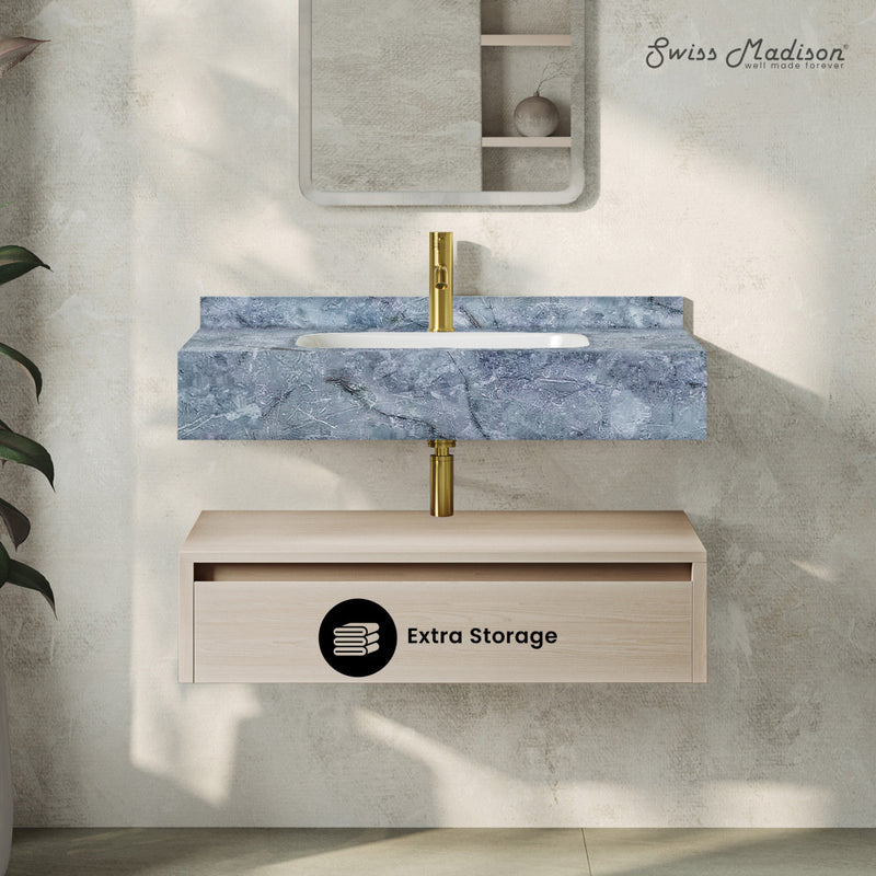 Avancer 36" Wall-Mounted Bathroom Vanity in White Oak with Blue Celeste Sink Top