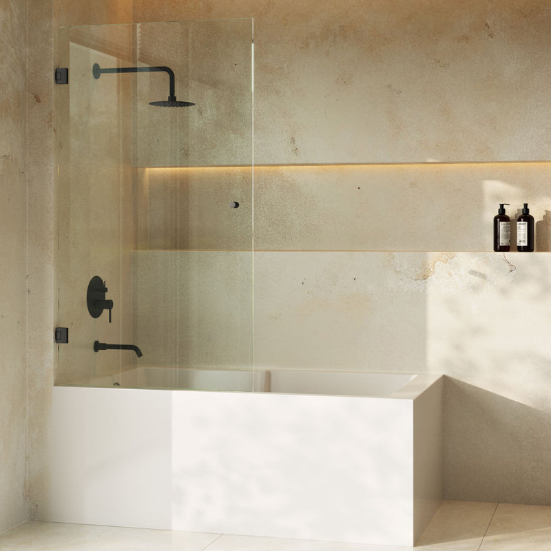Voltaire 24 x 58 Frameless Pivot 3/8 in. (10mm) Ultra Clear Tempered Glass Tub Door with Black Matte Hardware