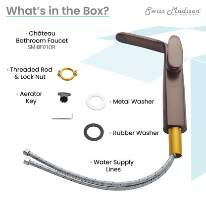 Single-handle high arc bathroom faucet in oil rubbed bronze with pull-out spray and braided water supply lines.
