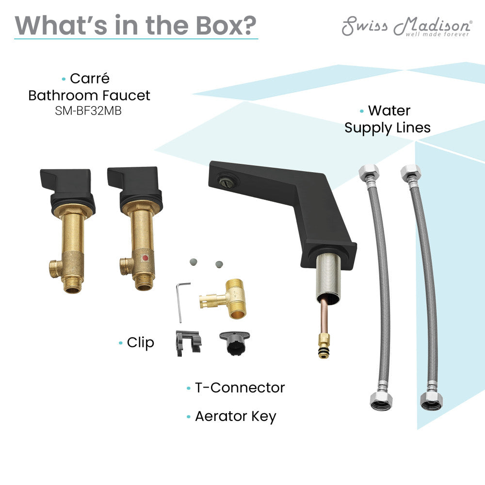 Widespread bathroom faucet in matte black, 2-handle design with rectangular spout.