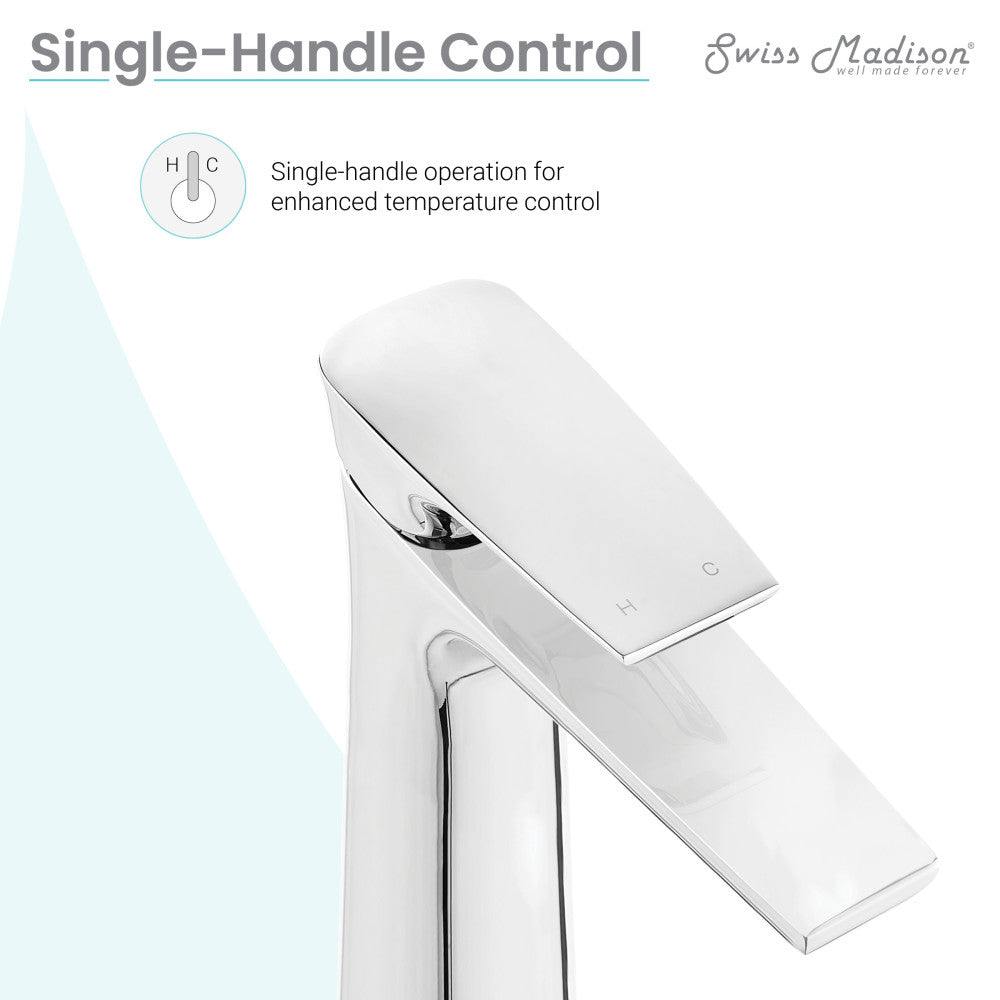 Single-handle bathroom faucet in chrome, high arc spout, Monaco collection.