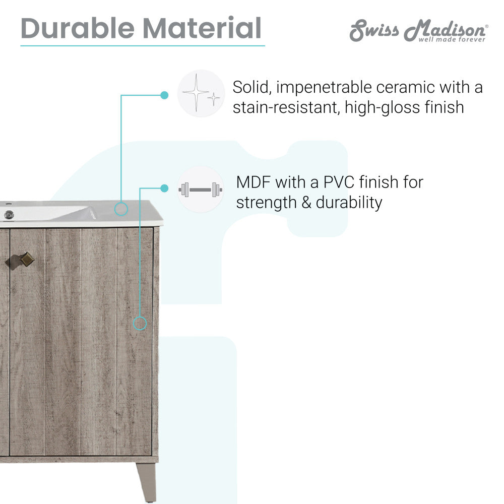 36-inch freestanding gray oak bathroom vanity with soft-close doors and integrated white ceramic sink top.