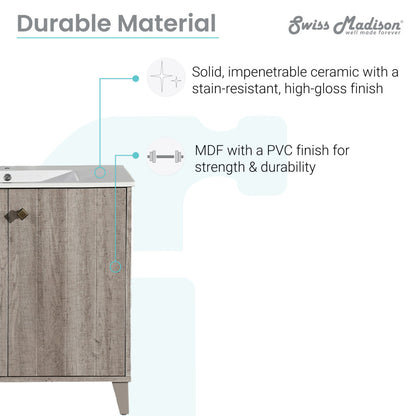 36-inch freestanding gray oak bathroom vanity with soft-close doors and integrated white ceramic sink top.