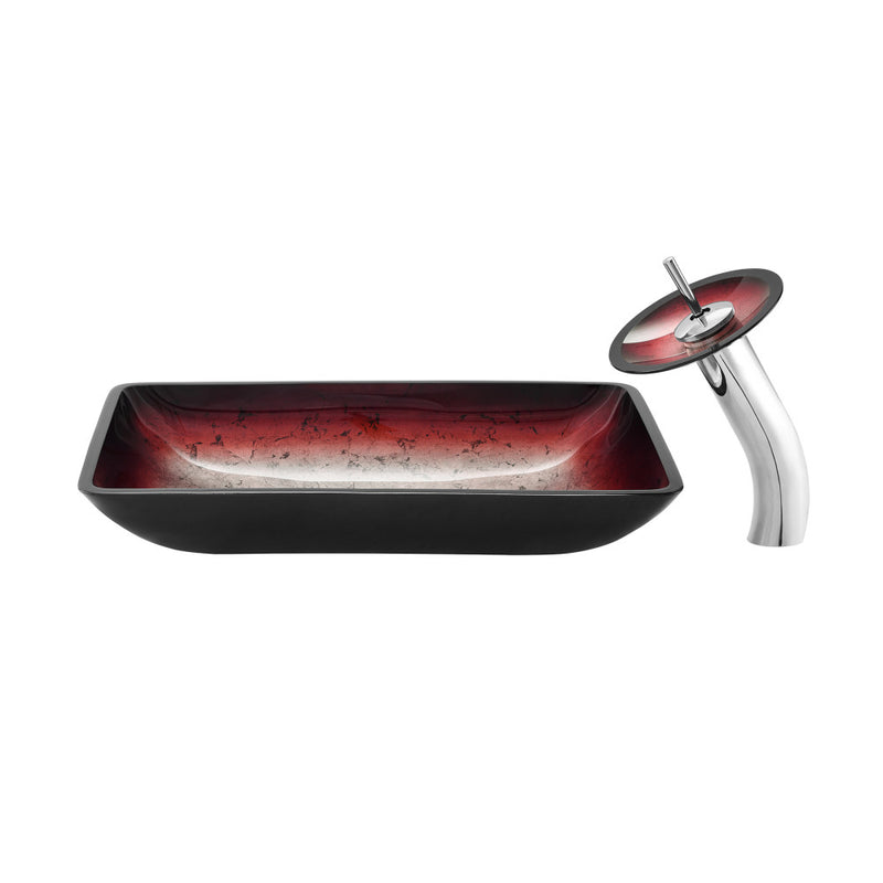 Cascade Rectangular Glass Vessel Sink with Faucet, Ember Red