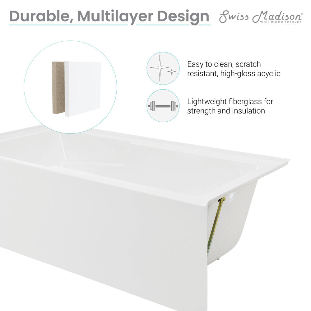 Alcove skirted bathtub 72-inch, right-hand drain, apron front, integrated armrest, white acrylic finish.