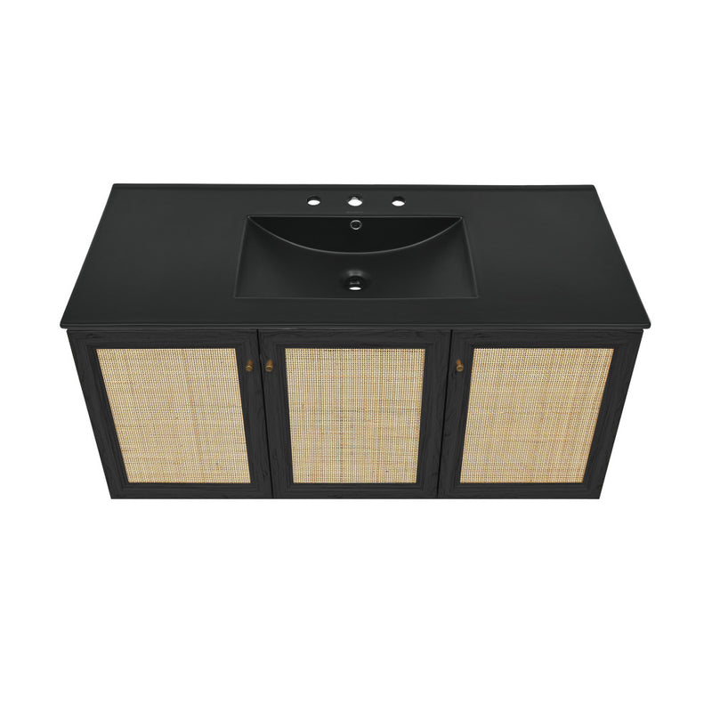 Classe 48" Wall-Mounted Bathroom Vanity in Black Oak with Black 3-Hole Widespread Sink Top